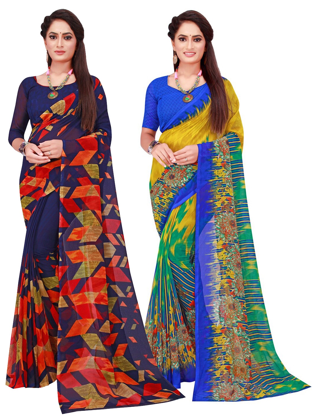 

KALINI Pack of 2 Navy Blue & Yellow Pure Georgette Sarees