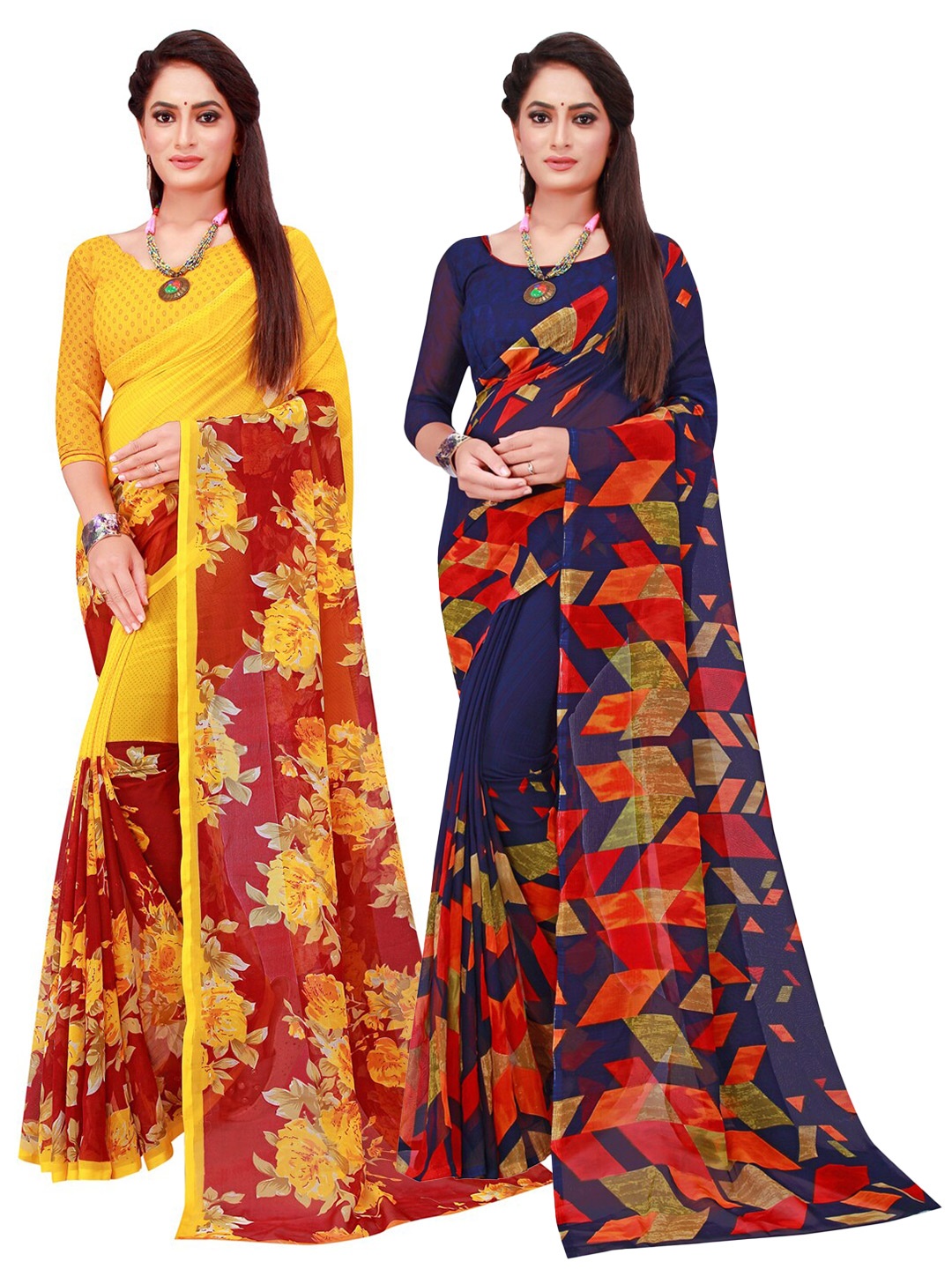 

KALINI Navy Blue & Yellow Set Of 2 Floral Pure Georgette Saree