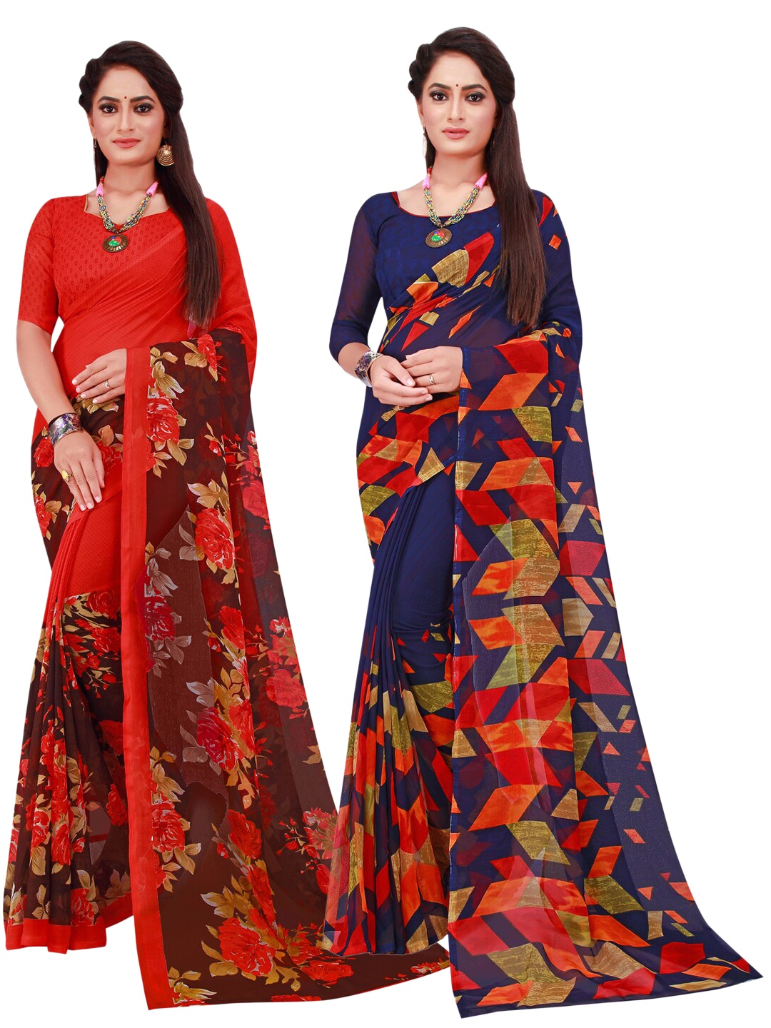 

KALINI Navy Blue & Red Printed Pure Georgette Saree Pack Of 2