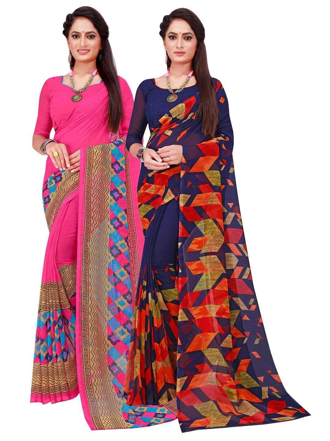 

KALINI Pack of 2 Navy Blue & Pink Pure Georgette Sarees