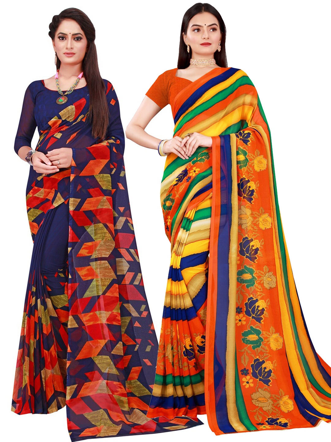 

KALINI Navy Blue & Red Set Of 2 Pure Georgette Saree