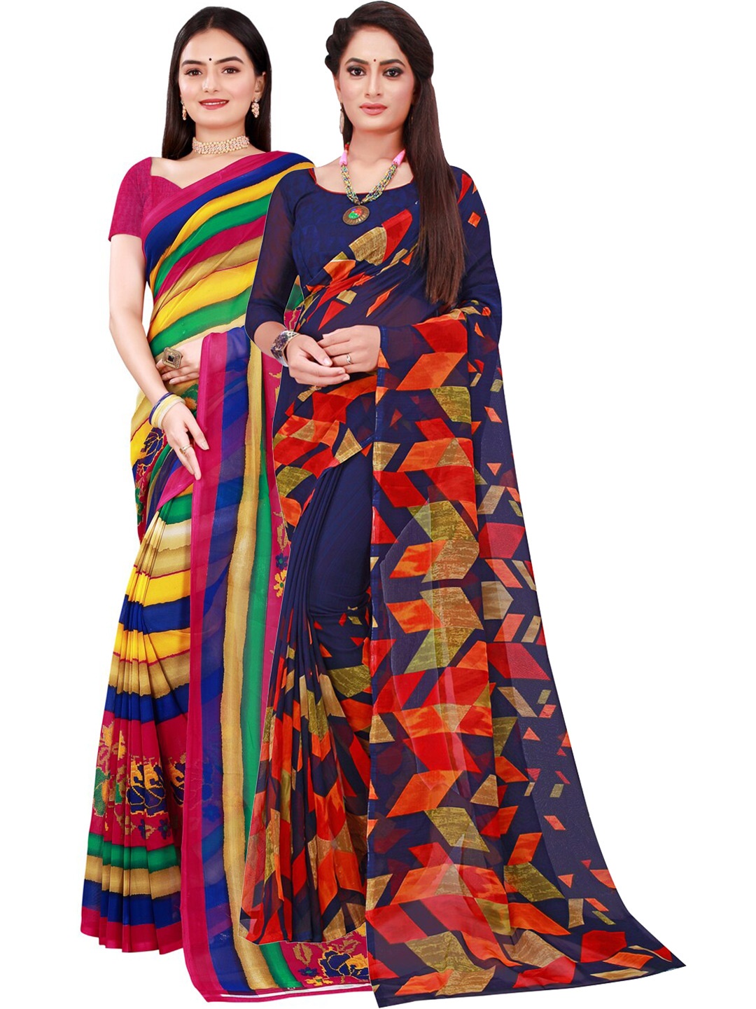 

KALINI Navy Blue & Yellow Printed Pure Georgette Saree Pack Of 2