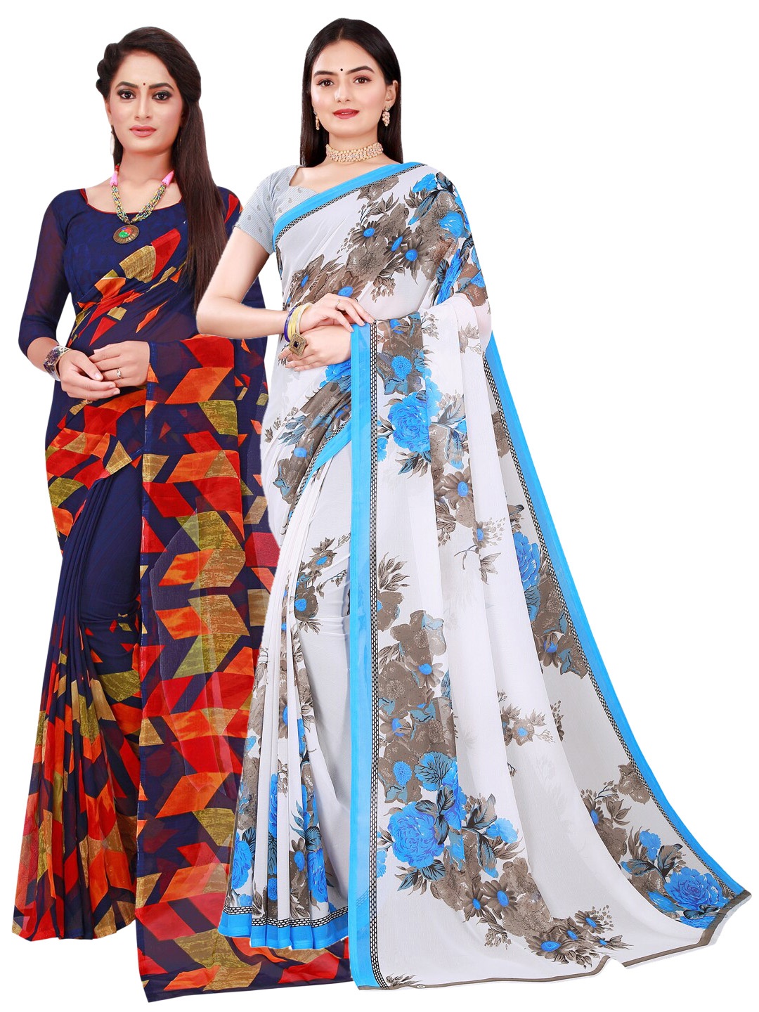 

KALINI Navy Blue & White Printed Pure Georgette Saree Pack Of 2