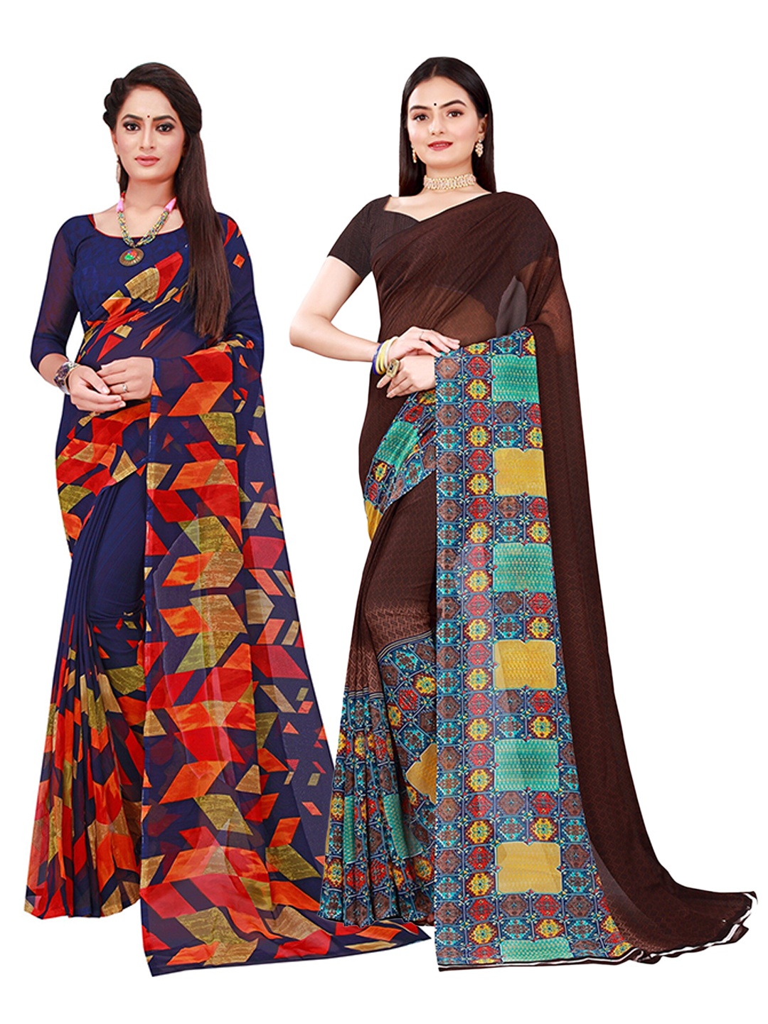 

KALINI Pack of 2 Navy Blue & Brown Pure Georgette Sarees