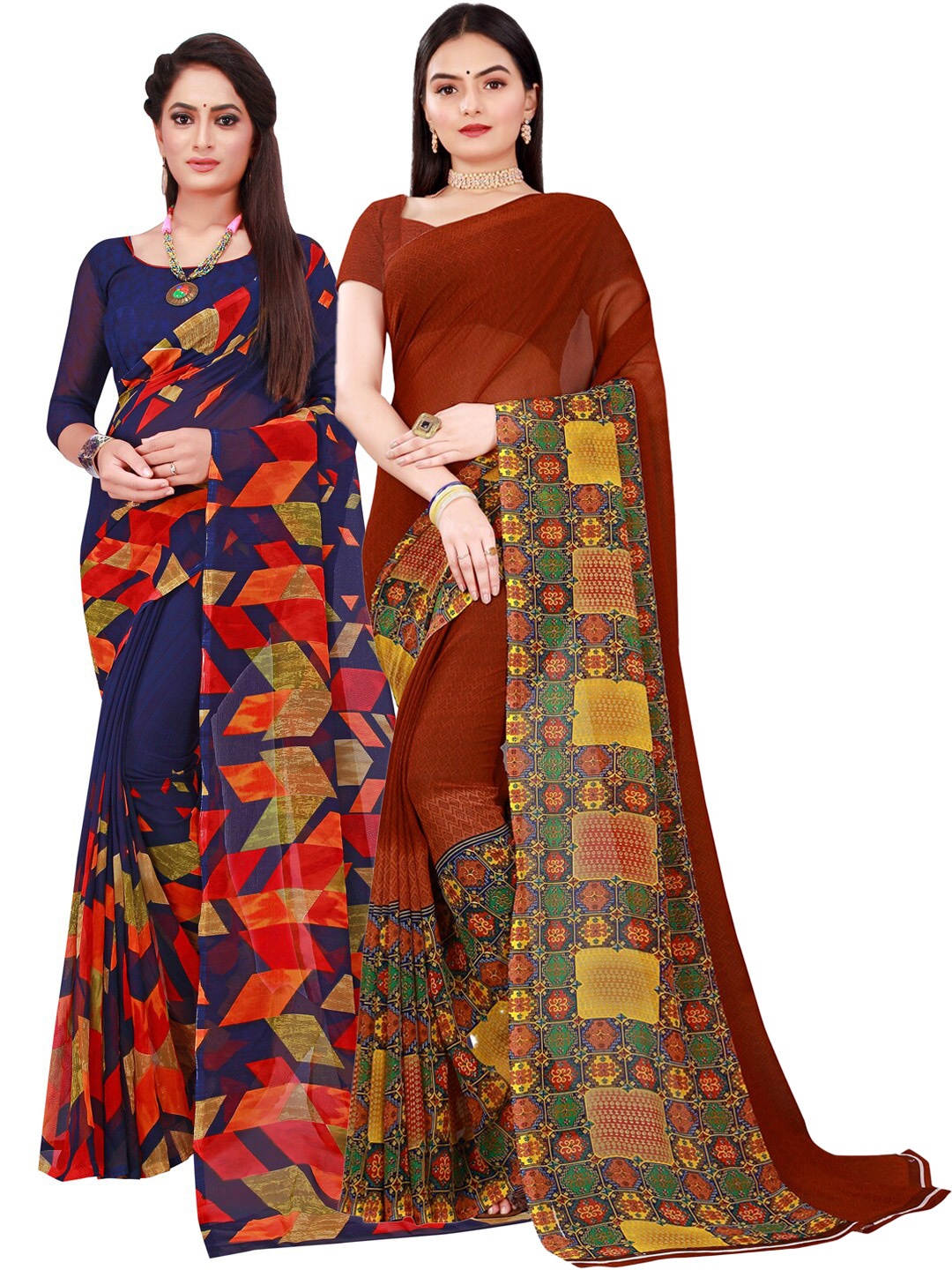 

KALINI Navy Blue & Brown Printed Pure Georgette Saree Pack Of 2