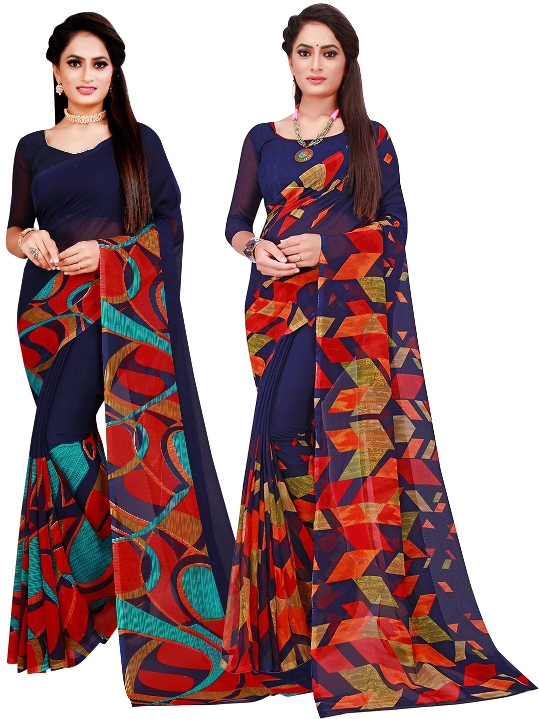 

KALINI Navy Blue & Red Set Of 2 Pure Georgette Saree