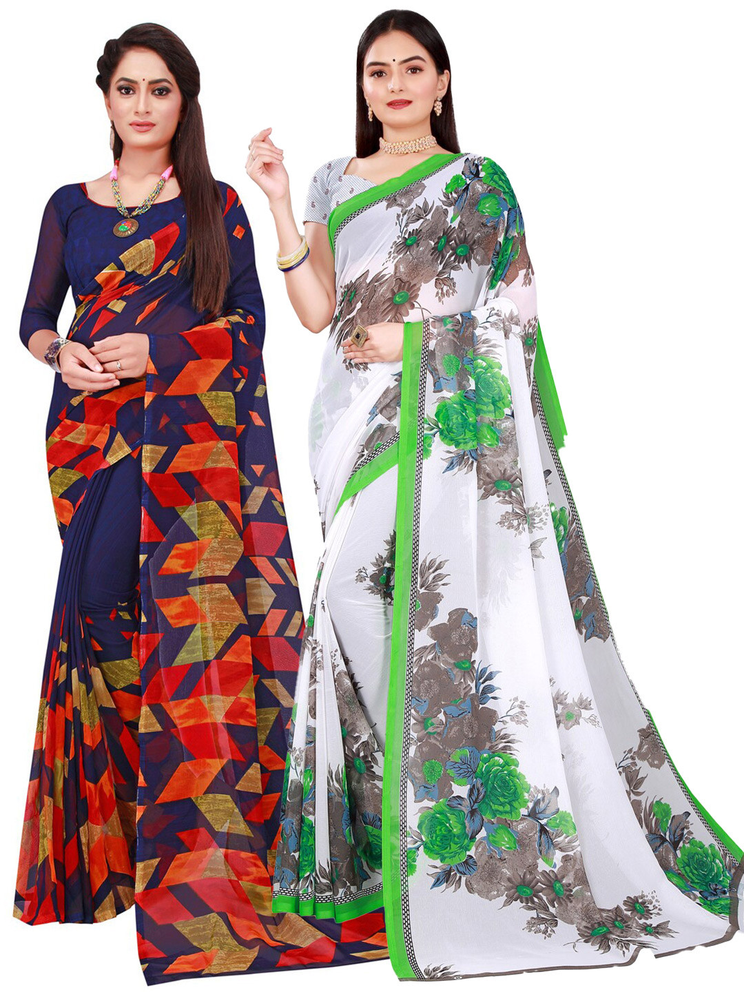 

KALINI Set Of 2 Navy Blue & White Floral Pure Georgette Saree