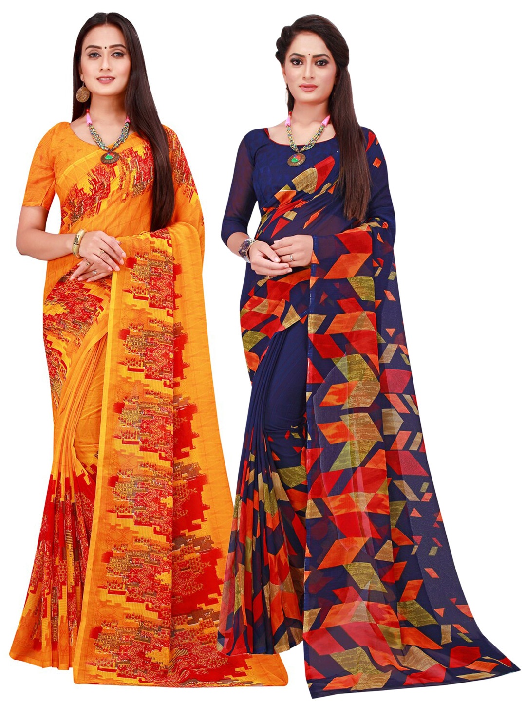 

KALINI Navy Blue & Orange Printed Pure Georgette Saree Pack Of 2