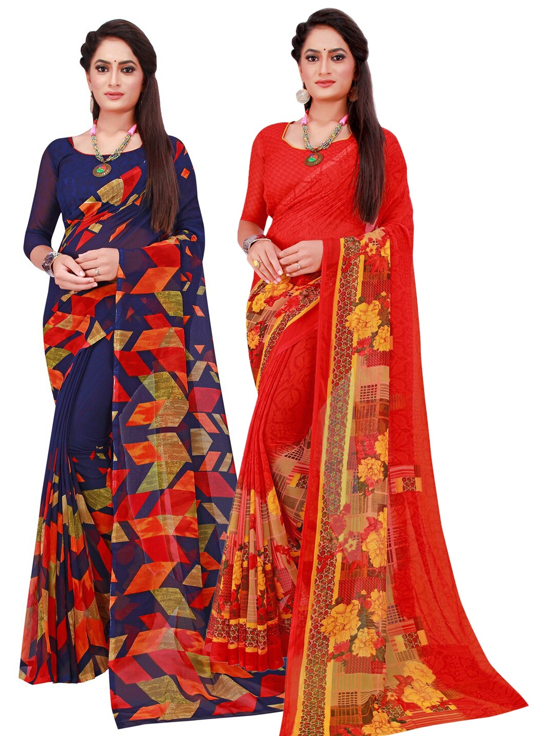 

KALINI Set Of 2 Navy Blue & Red Floral Pure Georgette Saree