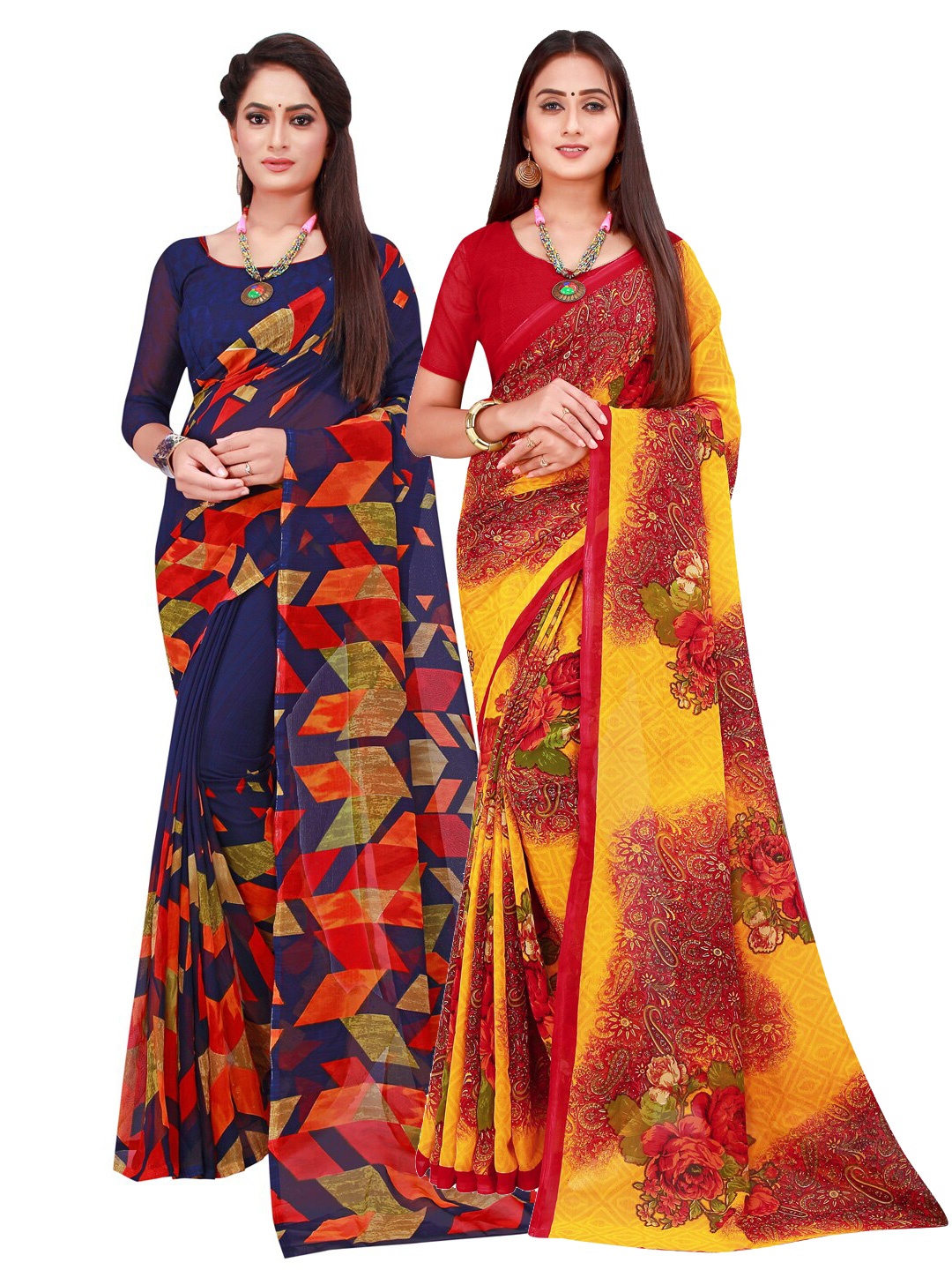 

KALINI Navy Blue & Yellow Printed Pure Georgette Saree Pack Of 2