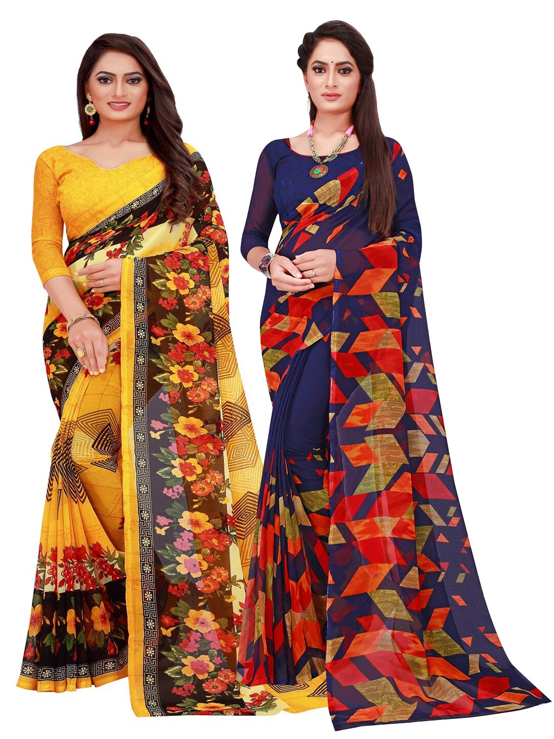 

KALINI Navy Blue & Yellow Printed Pure Georgette Saree Pack Of 2