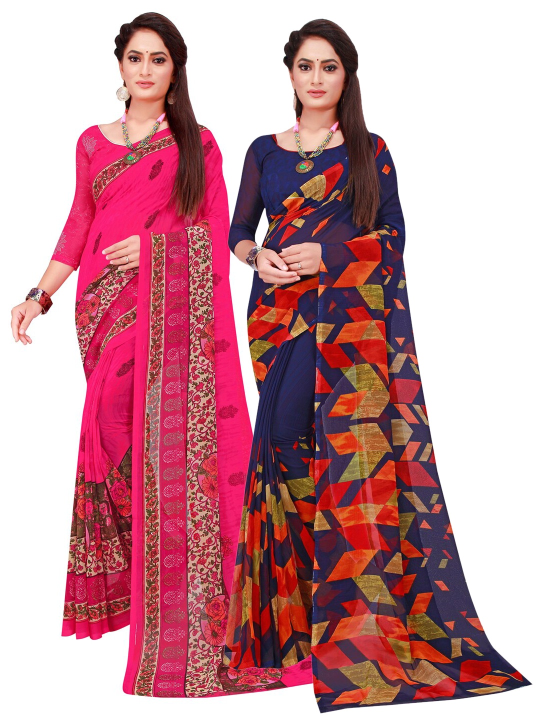 

KALINI Pack of 2 Navy Blue & Magenta Floral Pure Georgette Sarees