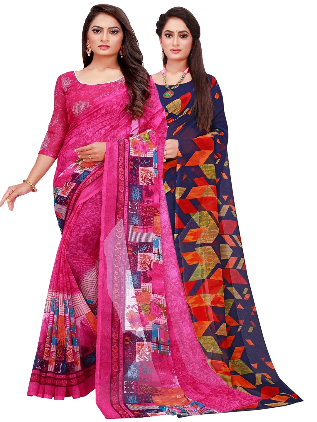 

KALINI Navy Blue & Pink Printed Pure Georgette Saree Pack Of 2