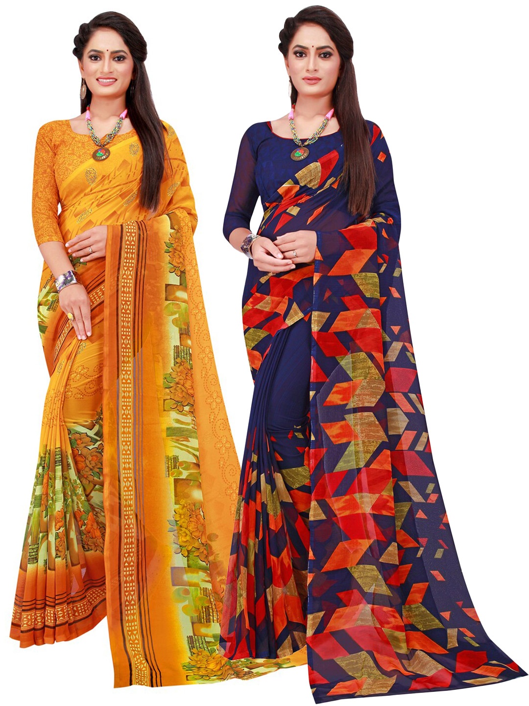 

KALINI Pack of 2 Navy Blue & Yellow Pure Georgette Sarees