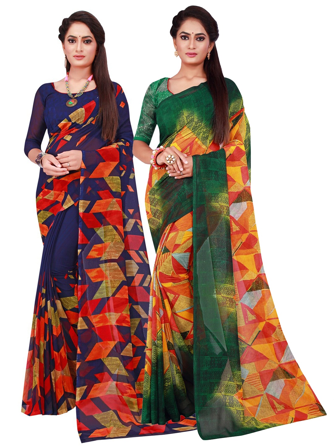 

KALINI Navy Blue & Green Set Of 2 Pure Georgette Saree