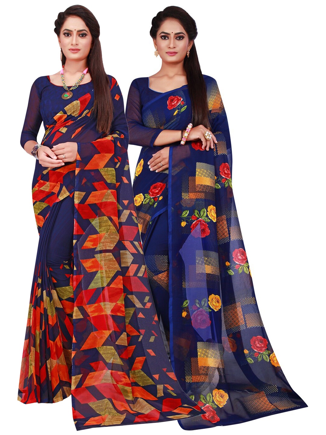 

KALINI Navy Blue Printed Pure Georgette Saree Pack Of 2