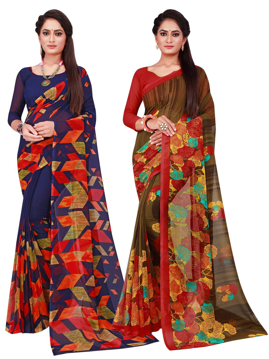 

KALINI Navy Blue & Brown Printed Pure Georgette Saree Pack Of 2