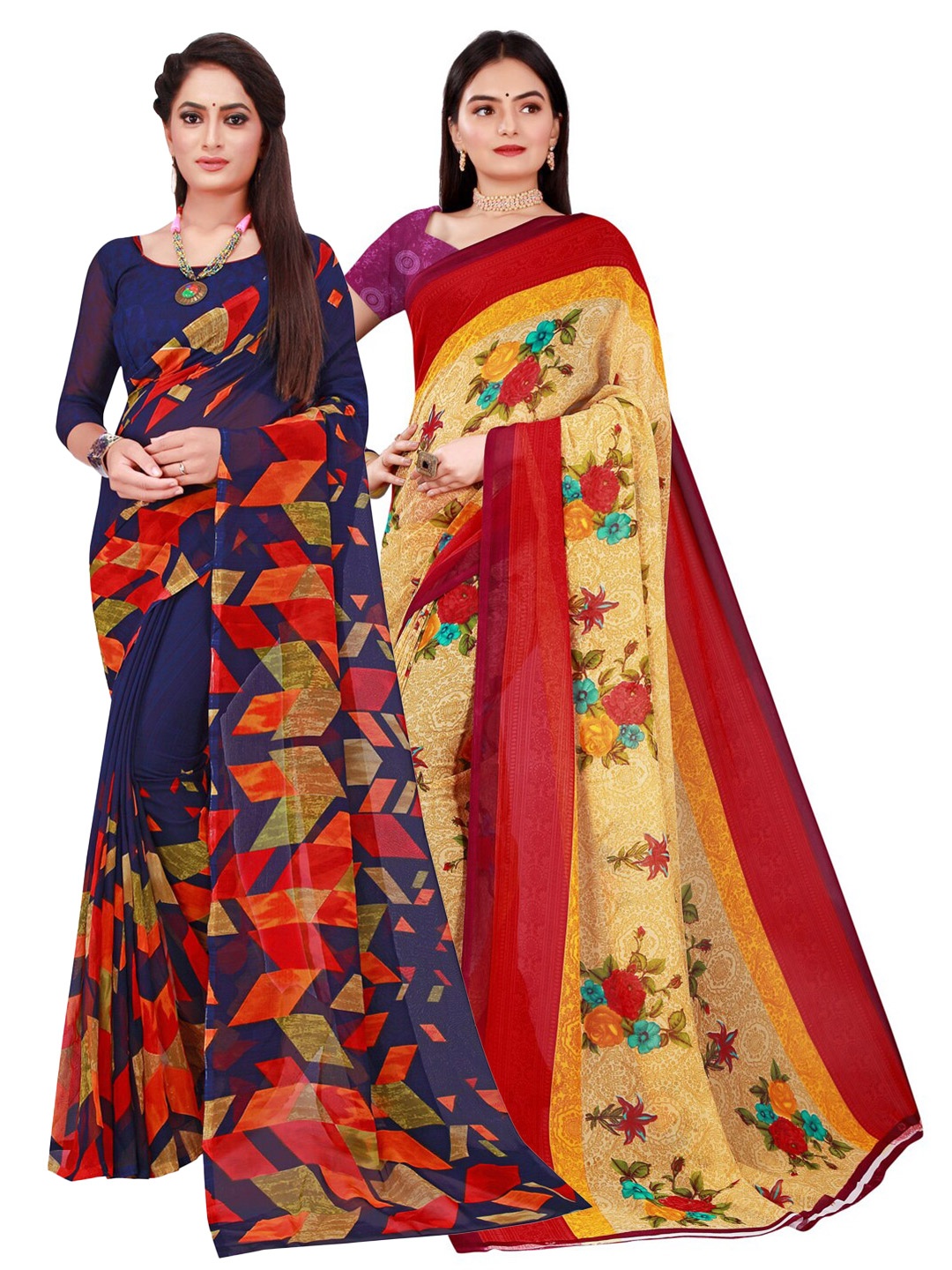 

KALINI Pack of 2 Navy Blue & Beige Pure Georgette Sarees