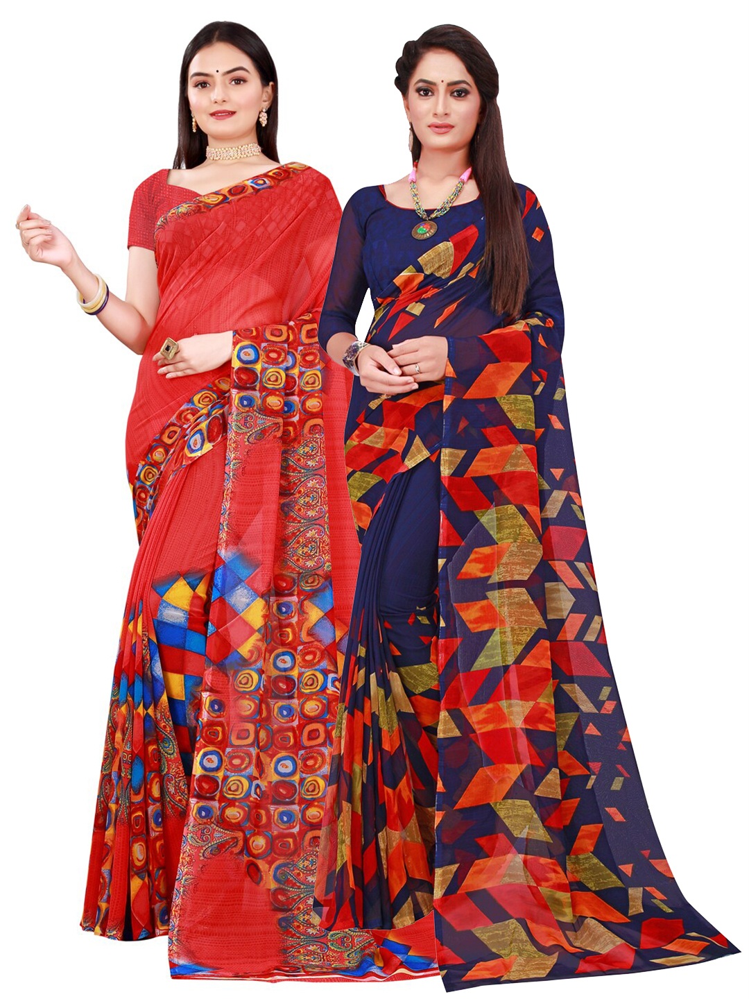 

KALINI Navy Blue & Red Printed Pure Georgette Saree Pack Of 2