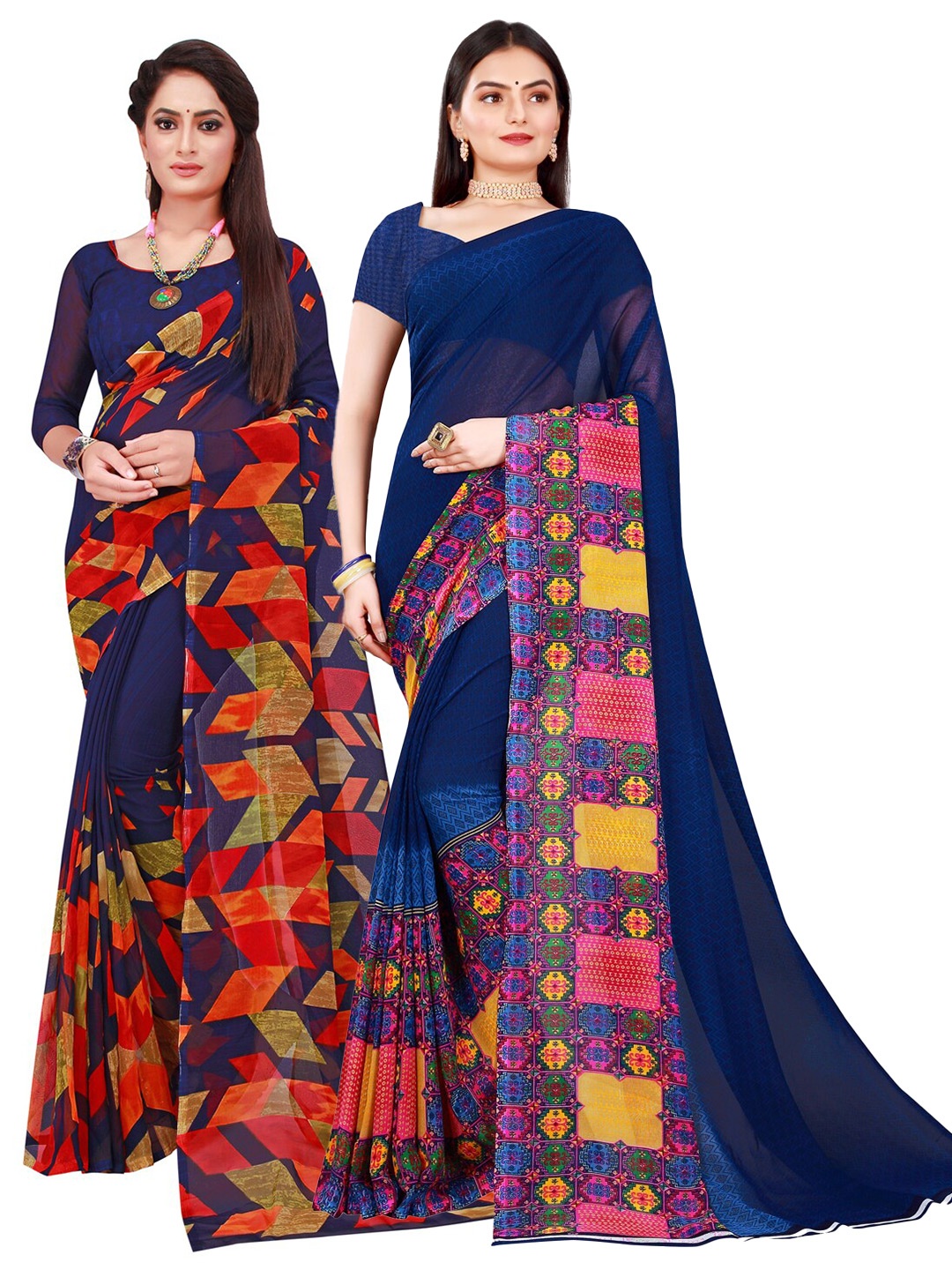 

KALINI Set Of 2 Navy Blue & Red Ethnic Motifs Pure Georgette Saree