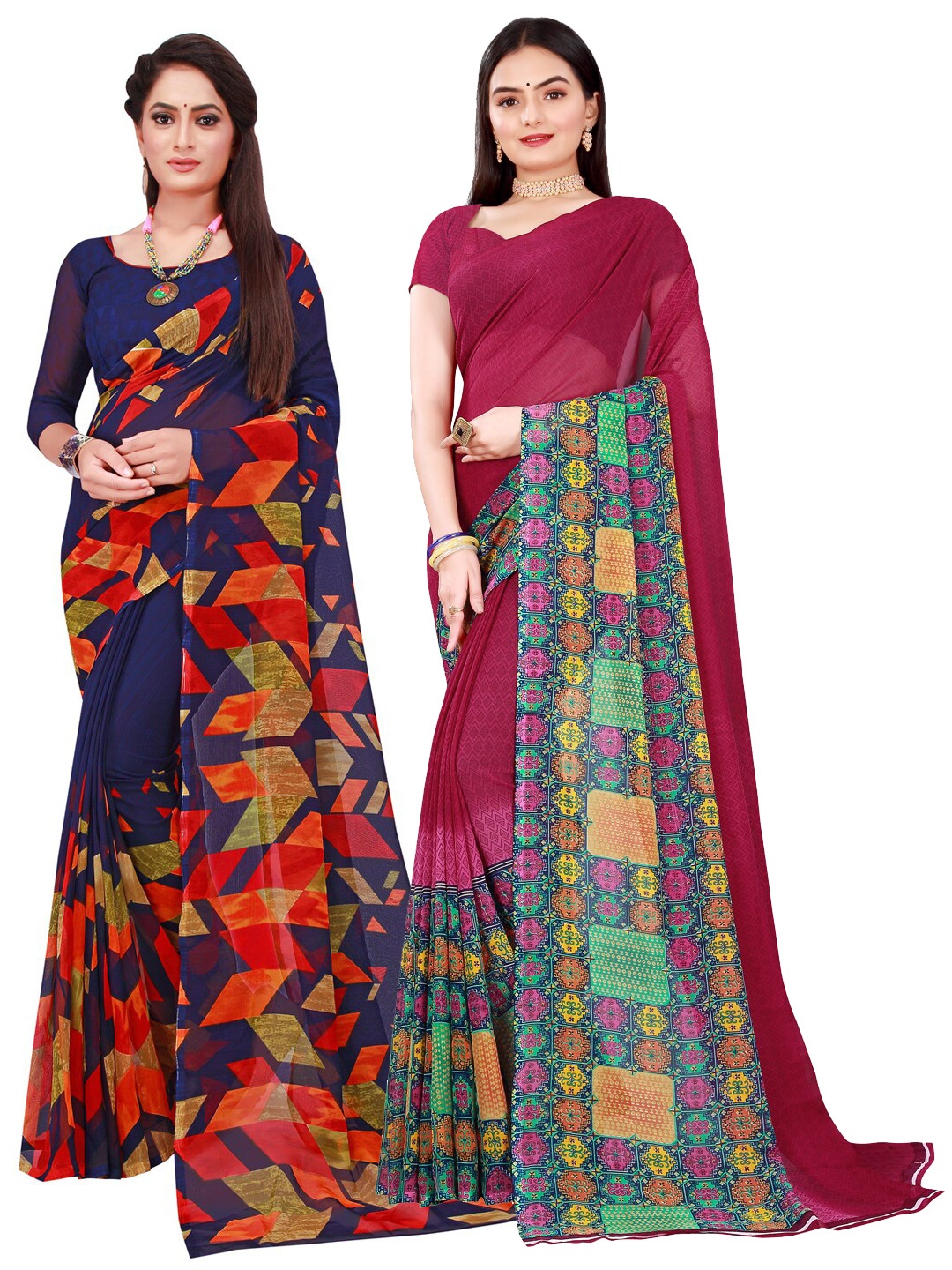 

KALINI Pack of 2 Navy Blue & Magenta Pure Georgette Sarees