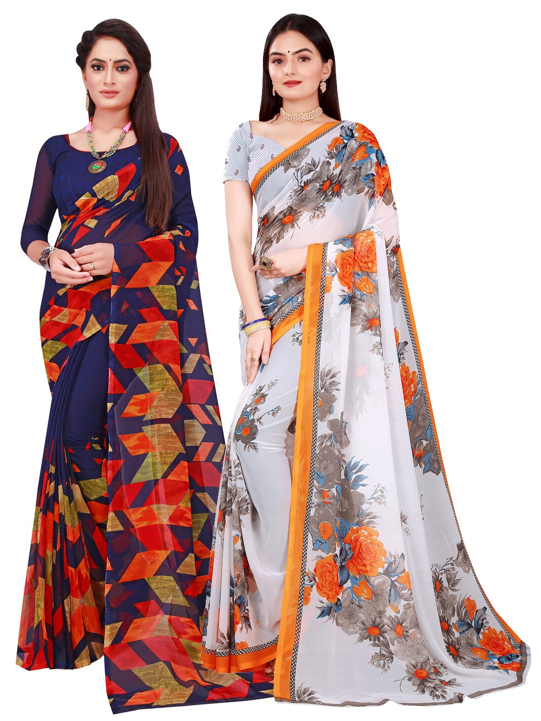

KALINI Navy Blue & Grey Set Of 2 Floral Pure Georgette Saree