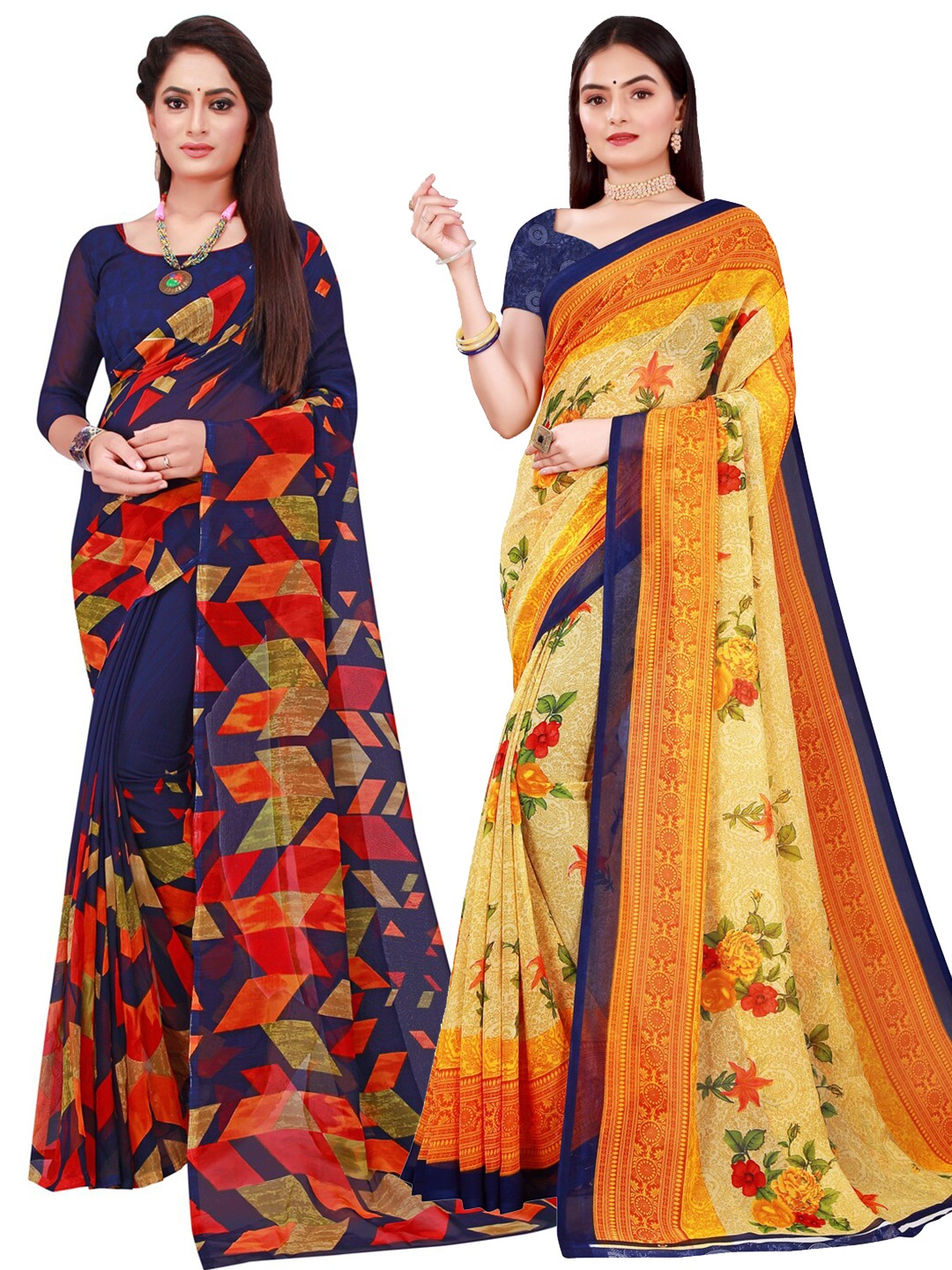 

KALINI Navy Blue & Yellow Printed Pure Georgette Saree Pack Of 2