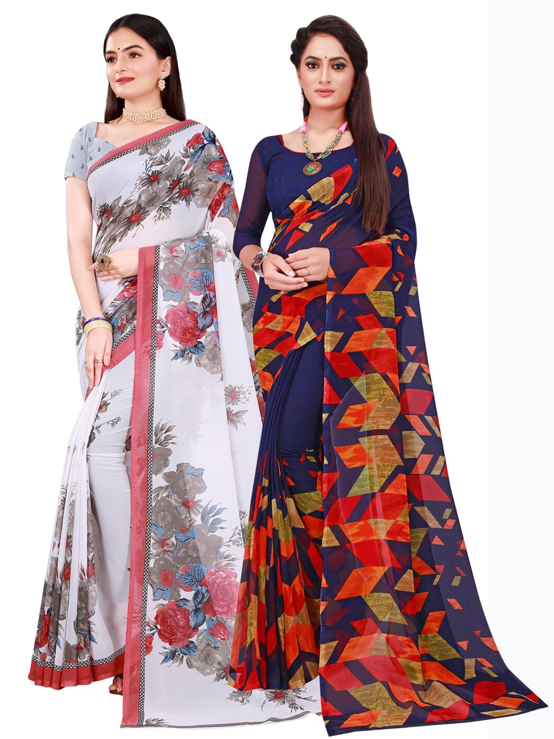 

KALINI Navy Blue & Grey Printed Pure Georgette Saree Pack Of 2