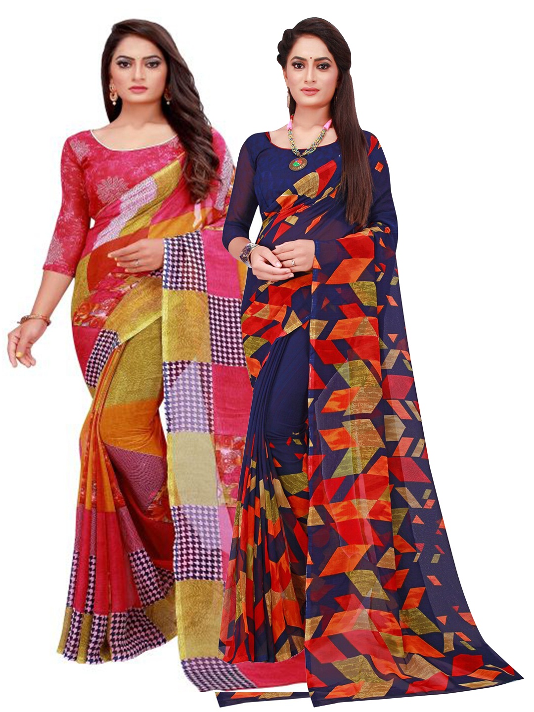 

KALINI Navy Blue & Pink Set of 2 Floral Printed Georgette saree