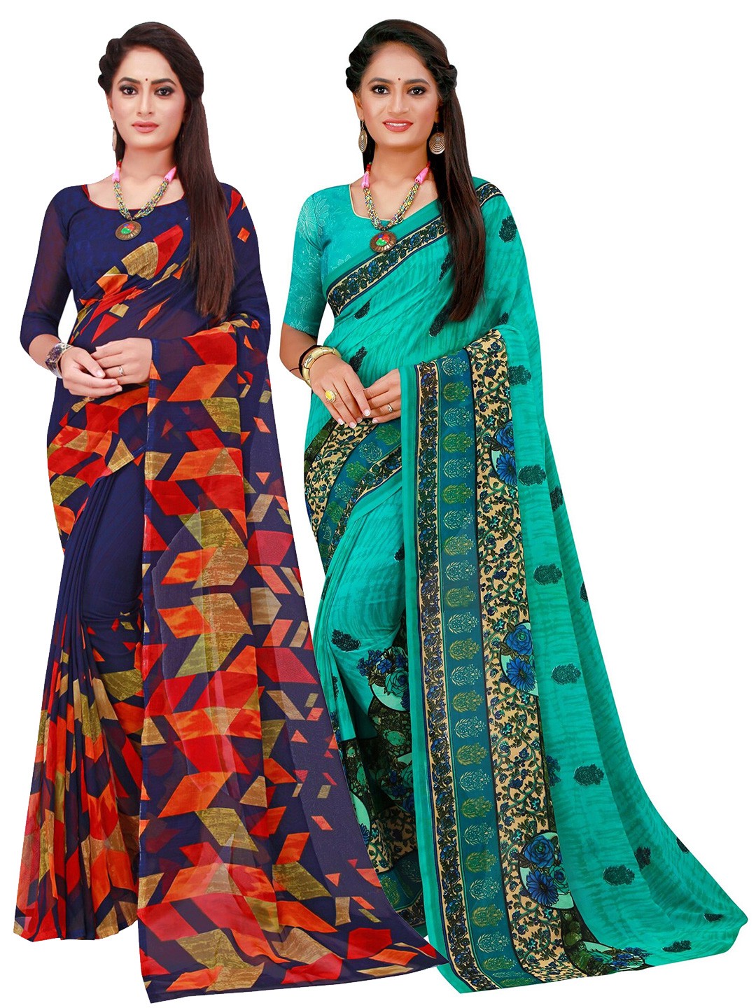 

KALINI Set Of 2 Navy Blue & Sea Green Floral Pure Georgette Saree