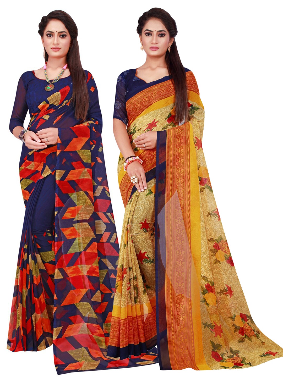 

KALINI Multicolour Set of 2 Floral Printed Georgette saree, Multi