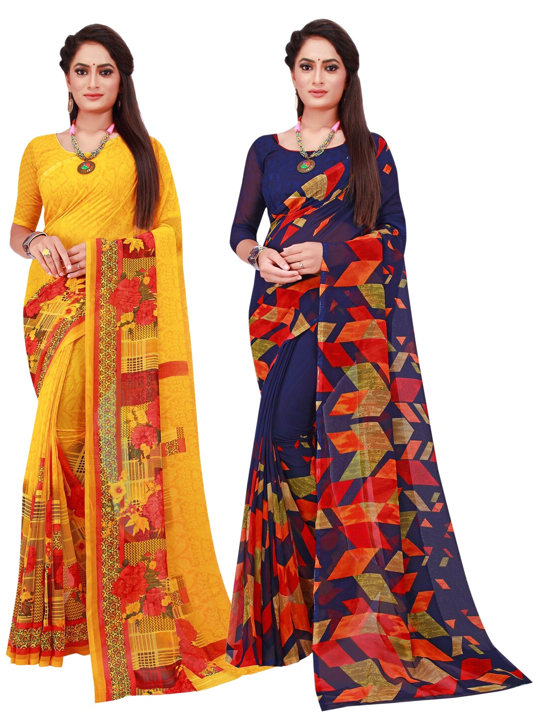 

KALINI Navy Blue & Yellow Set Of 2 Floral Pure Georgette Saree