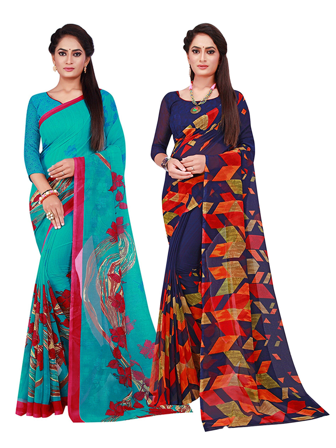 

KALINI Navy Blue & Red Printed Pure Georgette Saree Pack Of 2