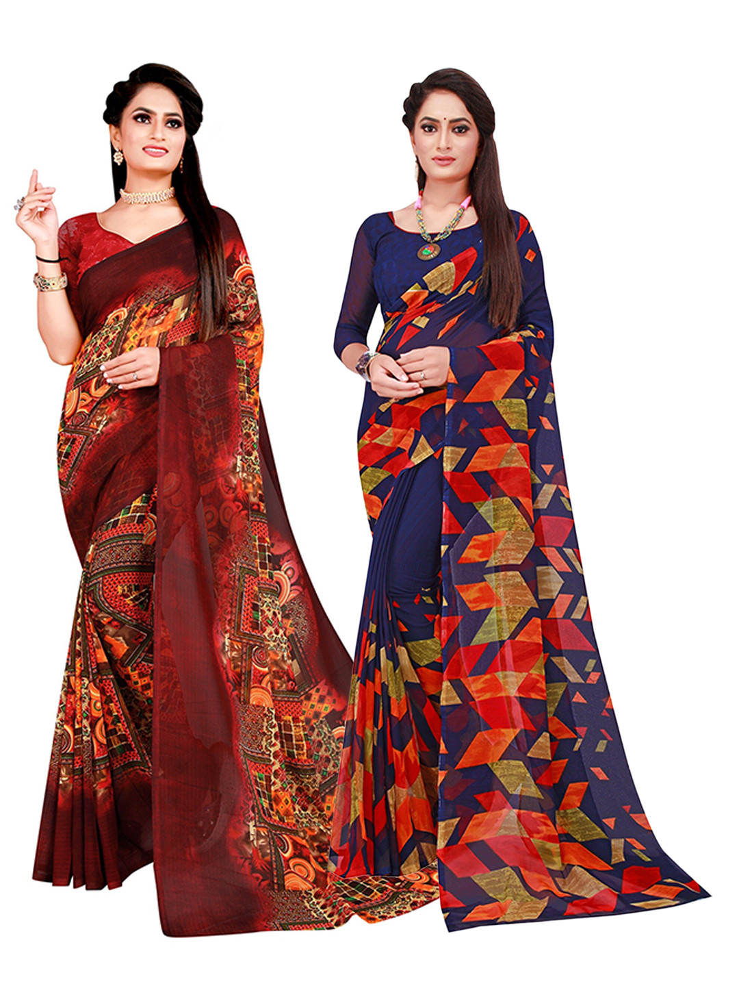 

KALINI Navy Blue & Brown Printed Pure Georgette Saree Pack Of 2