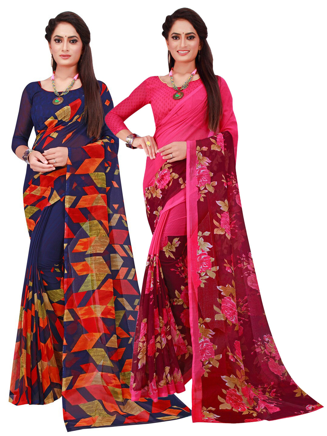 

KALINI Pack of 2 Navy Blue & Pink Pure Georgette Sarees