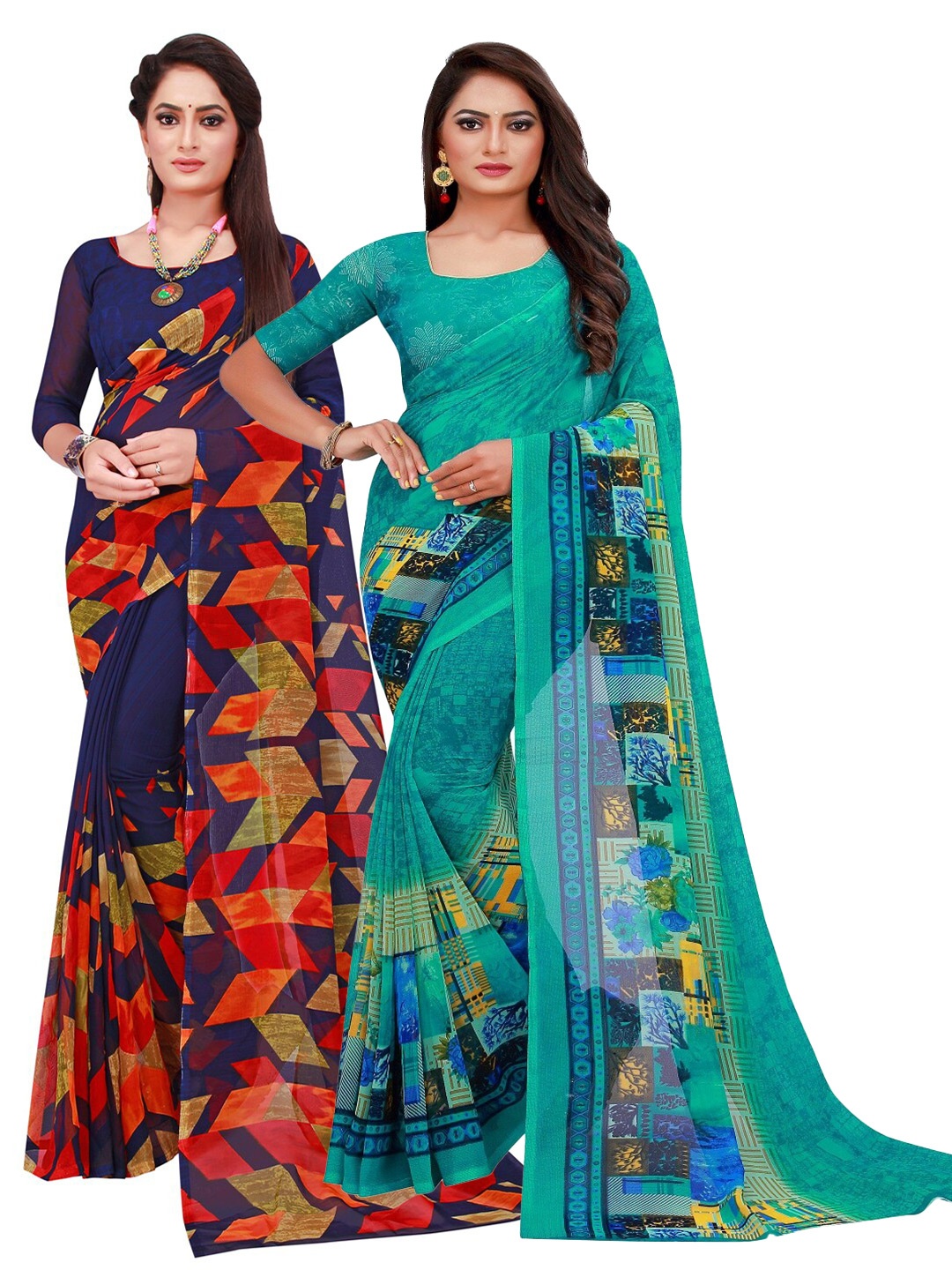 

KALINI Set Of 2 Navy Blue & Turquoise Blue Floral Pure Georgette Saree