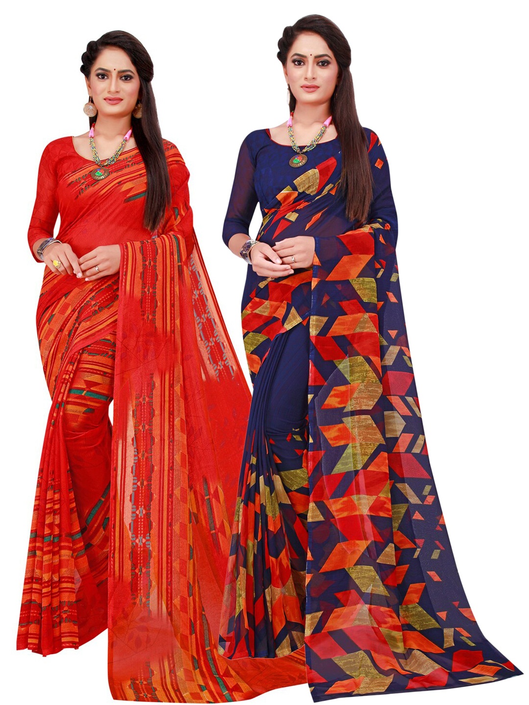 

KALINI Navy Blue & Red Set Of 2 Pure Georgette Saree