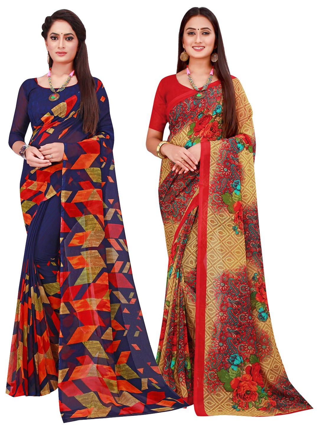 

KALINI Navy Blue & Beige Printed Pure Georgette Saree Pack Of 2