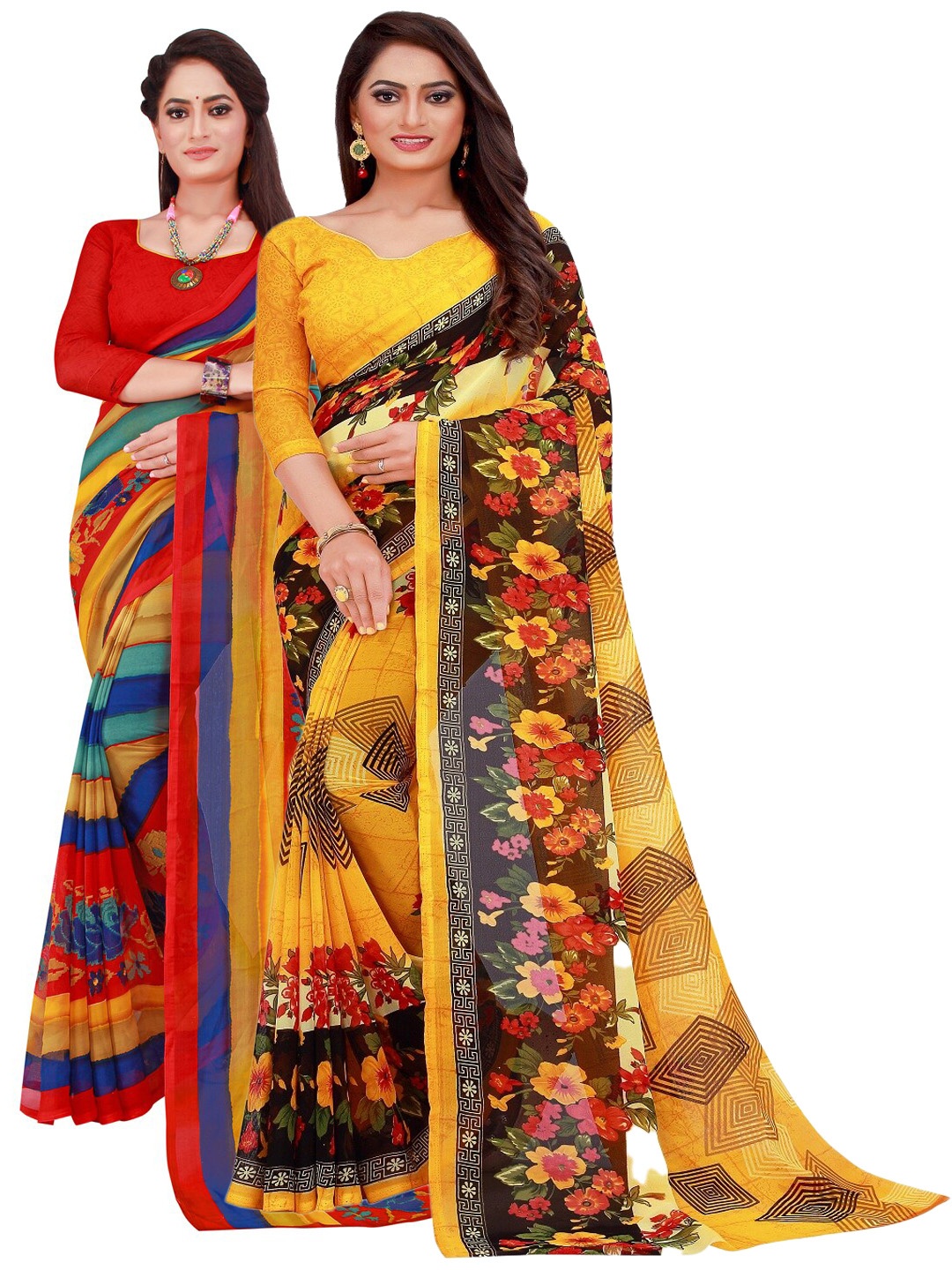 

KALINI Red & Yellow Printed Pure Georgette Saree Pack Of 2