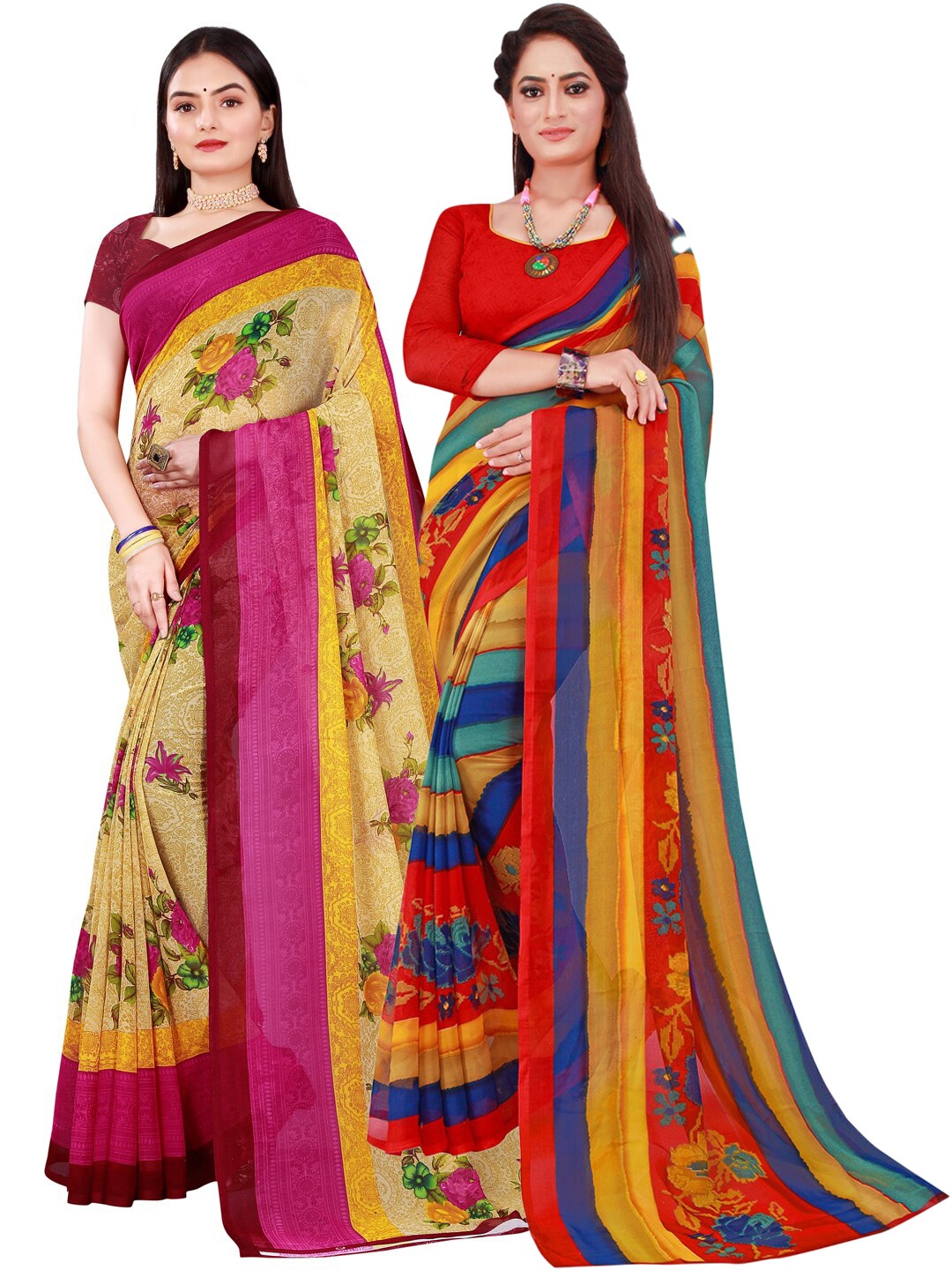 

KALINI Multicolour Set of 2 Floral Printed Georgette saree, Multi