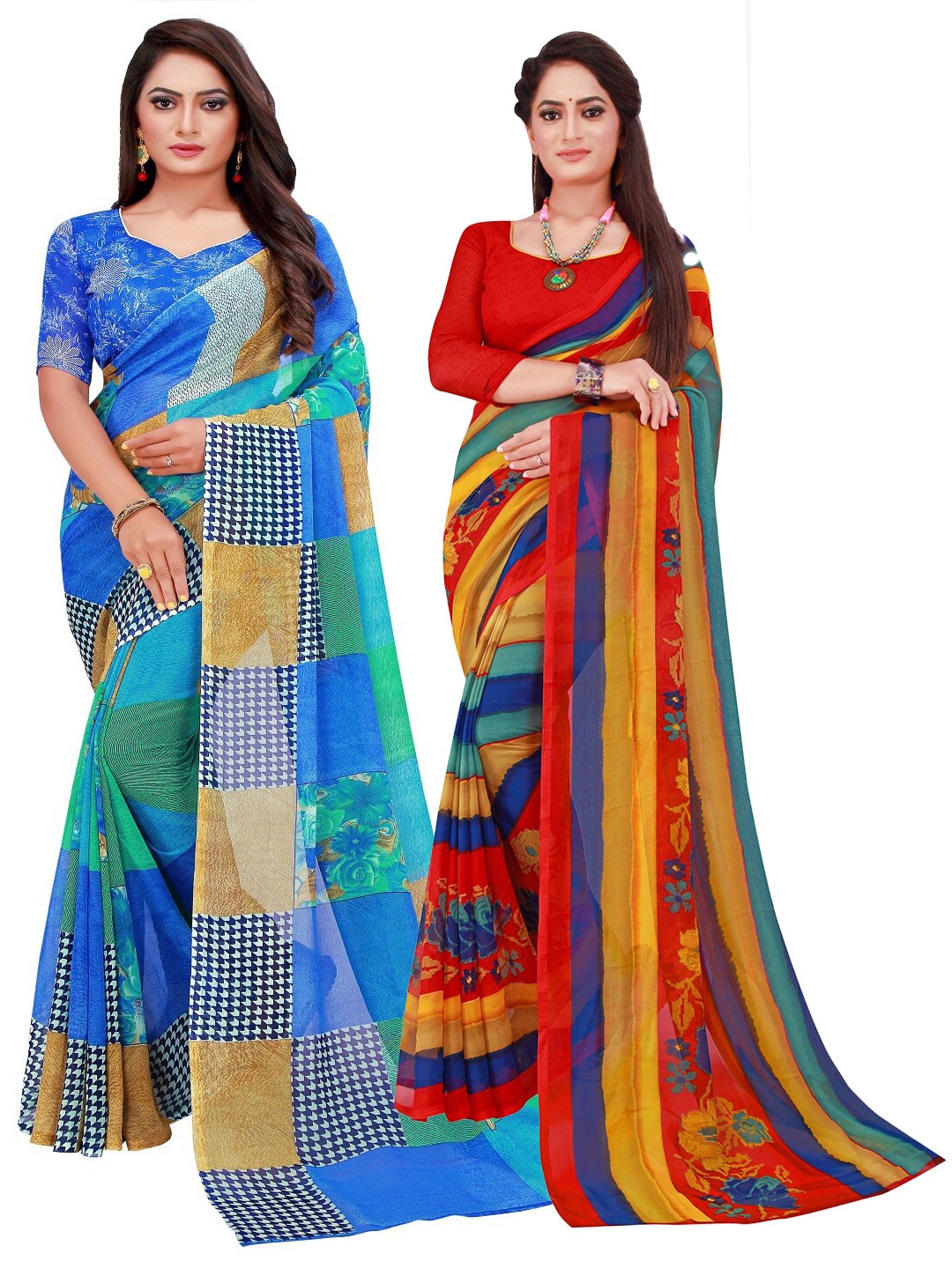 

KALINI Red & Blue Set of 2 Floral Printed Georgette saree