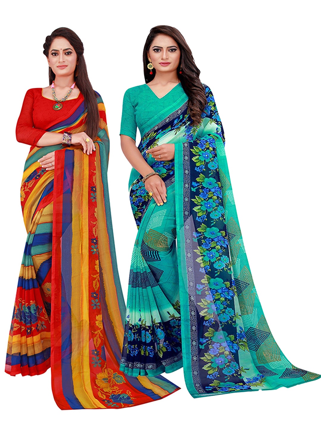 

KALINI Red & Turquoise Blue Printed Pure Georgette Saree Pack Of 2