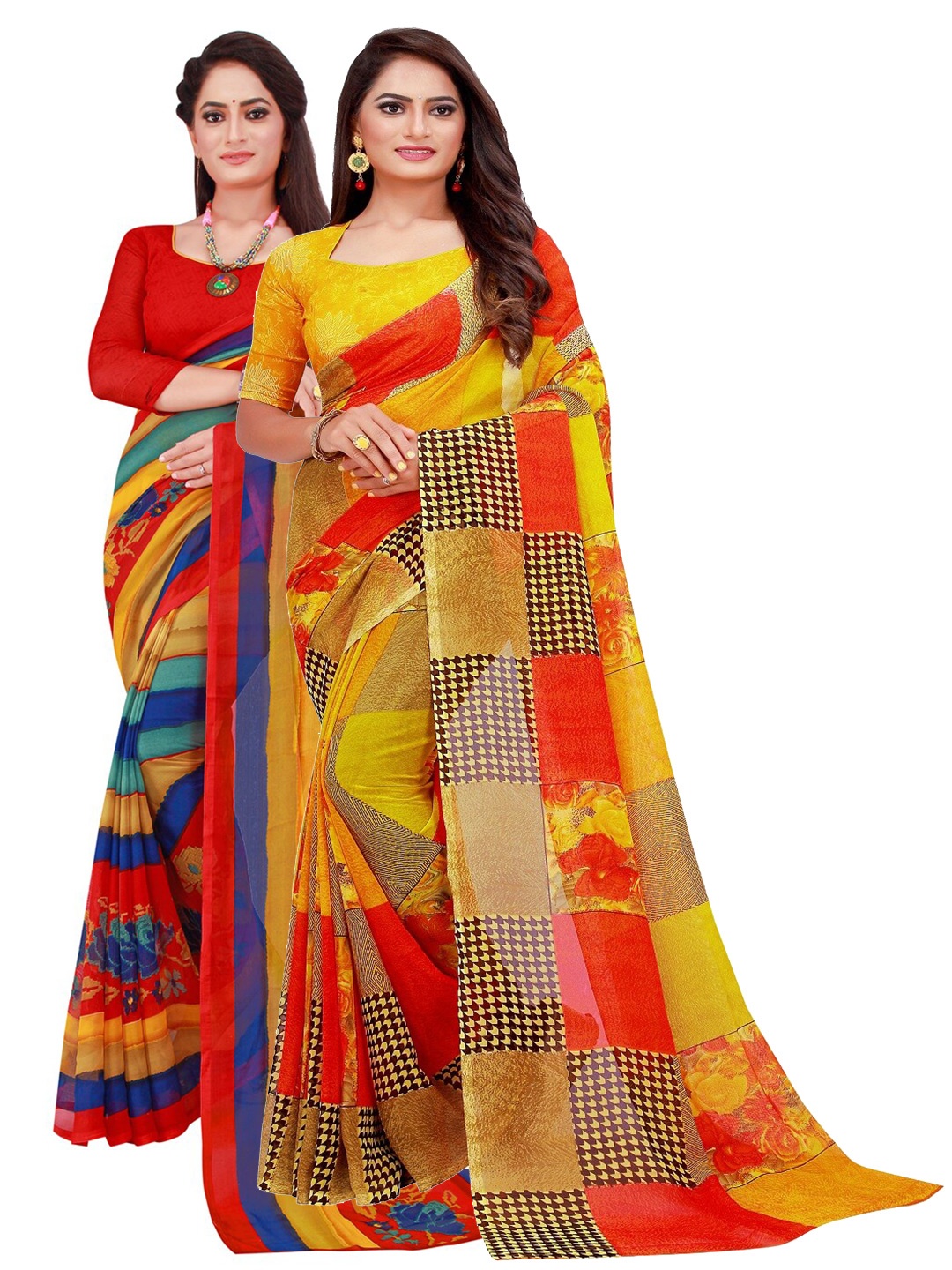 

KALINI Red & Yellow Printed Pure Georgette Saree Pack Of 2