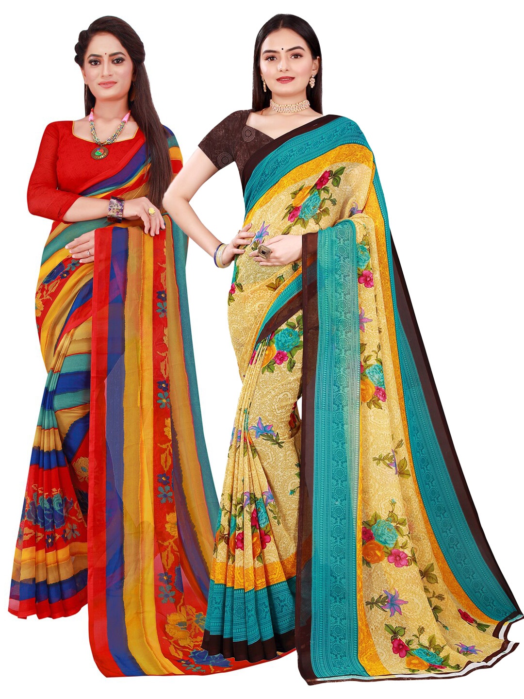 

KALINI Red & Yellow Printed Pure Georgette Saree Pack Of 2