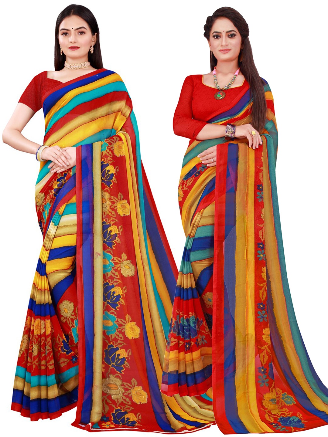 

KALINI Red & Blue Striped Printed Pure Georgette Saree Pack Of 2