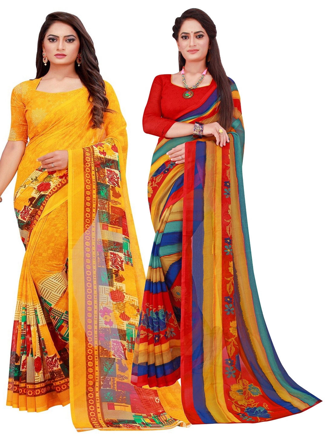 

KALINI Set Of 2 Multicoloured Striped Pure Georgette Saree, Multi