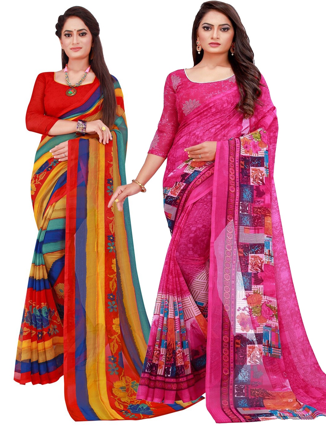 

KALINI Red & Pink Set Of 2 Pure Georgette Saree