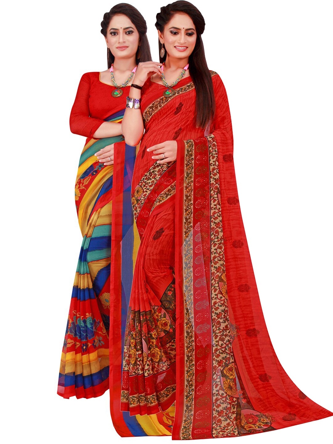 

KALINI Pack of 2 Red & Blue Floral Pure Georgette Sarees