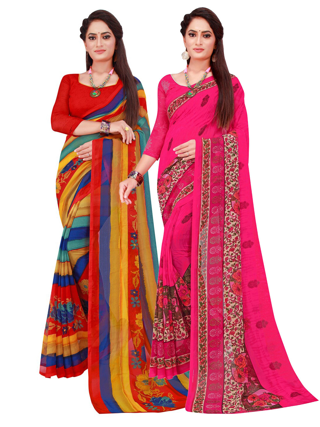 

KALINI Red & Pink Set of 2 Floral Printed Georgette saree