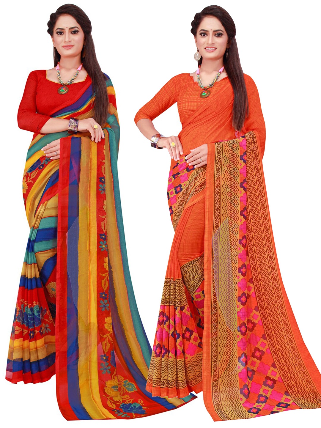 

KALINI Set Of 2 Multicoloured Striped Pure Georgette Saree, Multi